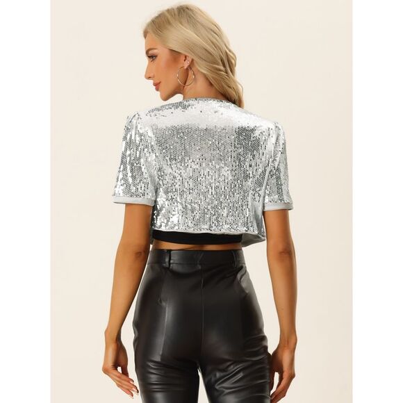 Sequin Shrug Puff Short Sleeve Open Front Glitter Cropped Jackets silver - Picture 3 of 5